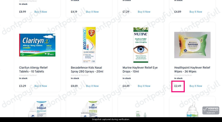 Snapshot of AYP Healthcare promo: 'Hay Fever & Allergy Relief from £2.49' - captured during verification by DontPayFull on 24-Sep-2026.