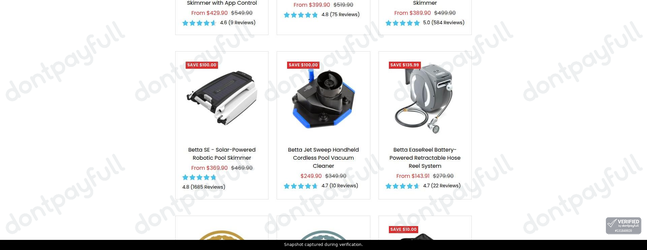 Snapshot of Betta promo: 'Up to 50% Off Solar-powered Robotic Pool Skimmers' - captured during verification by DontPayFull on 27-Sep-2026.