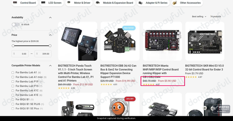 Snapshot of Biqu promo: 'Enjoy Up to 85% Off Bigtreetech 3D Printer Accessories' - captured during verification by DontPayFull on 03-Jul-2026.