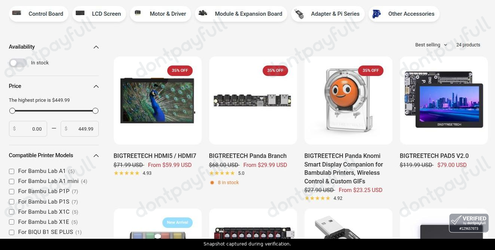 Snapshot of Biqu promo: 'Get up to 55% Off Select Bigtreetech Components' - captured during verification by DontPayFull on 10-Aug-2026.