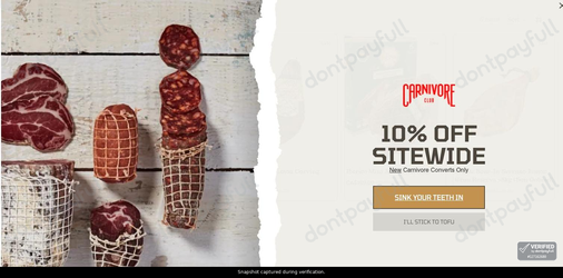 Snapshot of Carnivore Club promo: 'Up to 8% Off The Jamon Collection' - captured during verification by DontPayFull on 15-Aug-2026.