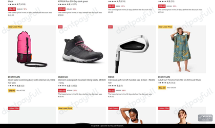 Snapshot of Decathlon promo: 'Enjoy Up to 85% Off Women's Sports Clothing' - captured during verification by DontPayFull on 30-Jun-2026.