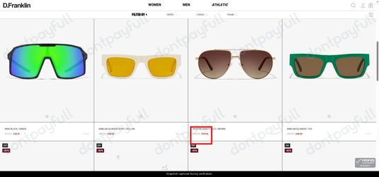 Snapshot of D Franklin promo: 'Get up to 30% Off a Range of Women's Sunglasses' - captured during verification by DontPayFull on 27-Sep-2026.