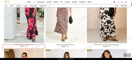Snapshot of Gini London promo: 'Enjoy Up to 30% Off Discounted Dresses' - captured during verification by DontPayFull on 27-Sep-2026.