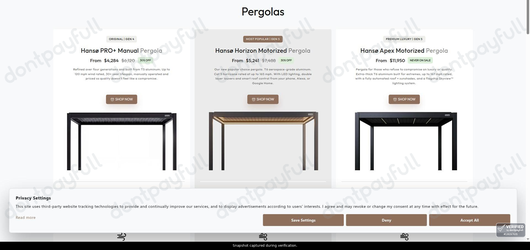 Snapshot of Hanso Home promo: 'Save up to 30% on Select Pergolas' - captured during verification by DontPayFull on 12-Aug-2026.