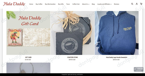 Snapshot of Hula Daddy Kona Coffee promo: 'Online Merchandise from $5' - captured during verification by DontPayFull on 30-Sep-2026.