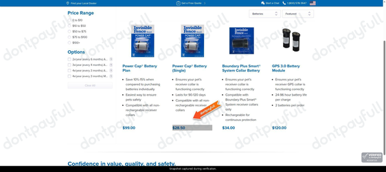 Snapshot of Invisible Fence promo: 'Find Batteries for Your Pet's Collar from $28' - captured during verification by DontPayFull on 30-Sep-2026.