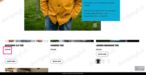 Snapshot of James Gin promo: 'James Gin Merch from £25' - captured during verification by DontPayFull on 01-Oct-2026.