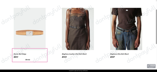 Snapshot of Magliano promo: 'Belts from $215' - captured during verification by DontPayFull on 28-Jun-2026.