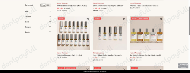 Snapshot of Noted Aromas promo: 'Up to 40% Off Women's Bundles' - captured during verification by DontPayFull on 03-Jul-2026.