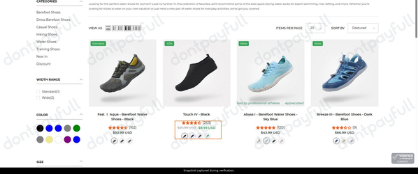 Snapshot of Saguaro promo: 'Up to 65% Off Women's Water Shoes' - captured during verification by DontPayFull on 23-Jul-2026.
