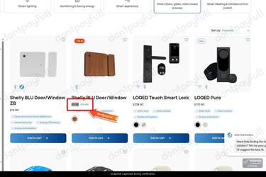 Snapshot of Shelly promo: 'Enjoy Up to £5 Off Smart Home Automation for Doors and Blinds' - captured during verification by DontPayFull on 01-Oct-2026.