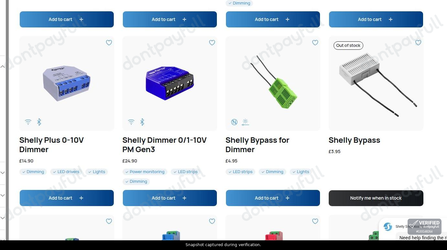Snapshot of Shelly promo: 'Shop Smart Dimmers and Relays from £3.95' - captured during verification by DontPayFull on 01-Oct-2026.
