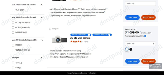 Snapshot of SONY promo: 'Aps-c E-mount Mirrorless Cameras from $1099' - captured during verification by DontPayFull on 18-Jul-2026.