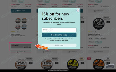 Snapshot of Prilla promo: 'Save up to 25% on Rogue Nicotine Pouches' - captured during verification by DontPayFull on 26-Sep-2026.
