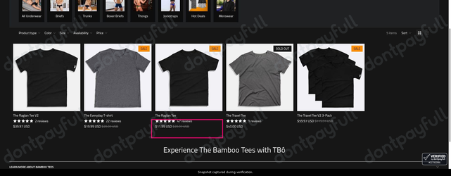 Snapshot of T-Bô Clothing promo: 'Up to 70% Off The Bamboo T-shirt Collection' - captured during verification by DontPayFull on 03-Aug-2026.