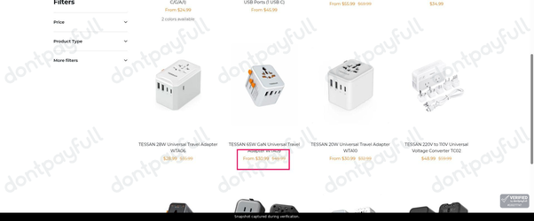 Snapshot of TESSAN promo: 'Save up to 40% on Select Travel Adapters' - captured during verification by DontPayFull on 26-Oct-2026.