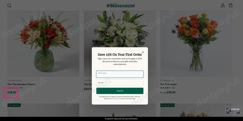 Snapshot of The Blossomist promo: 'Hand-tied Bouquets from £26' - captured during verification by DontPayFull on 26-Oct-2026.
