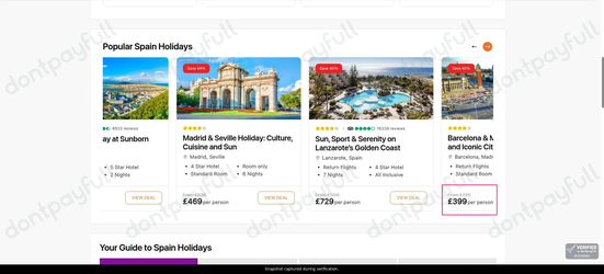 Snapshot of Travelodeal promo: 'Enjoy Up to 45% Off All-inclusive Trips to Spain' - captured during verification by DontPayFull on 27-Oct-2026.