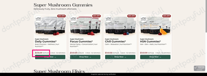 Snapshot of Auri Nutrition promo: 'Up to 45% Off Super Mushroom Gummies & Elixirs' - captured during verification by DontPayFull on 29-Jun-2026.