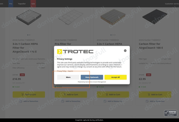 Snapshot of Trotec promo: 'Up to 85% Off Home Air Purification Solutions' - captured during verification by DontPayFull on 13-Jun-2026.