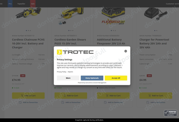 Snapshot of Trotec promo: 'Up to 85% Off Garden Tools' - captured during verification by DontPayFull on 14-Jun-2026.