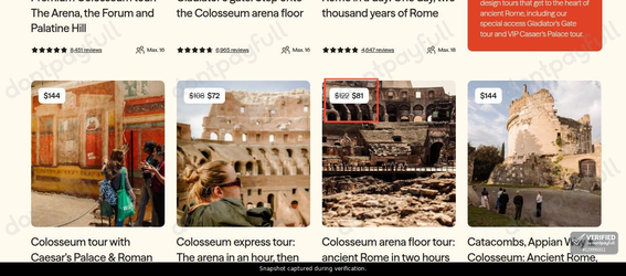 Snapshot of WalksDevour promo: 'Get up to 35% Off Select Rome Colosseum Experiences' - captured during verification by DontPayFull on 03-Jul-2026.