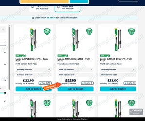 Snapshot of Wiper Blades promo: 'Lucas Airflex DirectFit Twin Packs from £22' - captured during verification by DontPayFull on 01-Oct-2026.